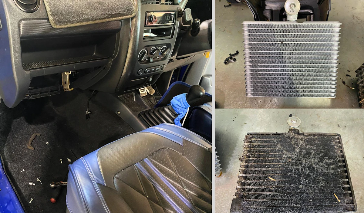 The before-and-after photos of a car air con evaporator highlight just how much contamination can build up over time, particularly on vehicles used mainly for local urban driving in the NT.